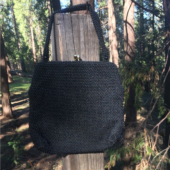 Vintage black beaded with gold hardware beaded top handle bag HPx3 - Picture 5 of 8